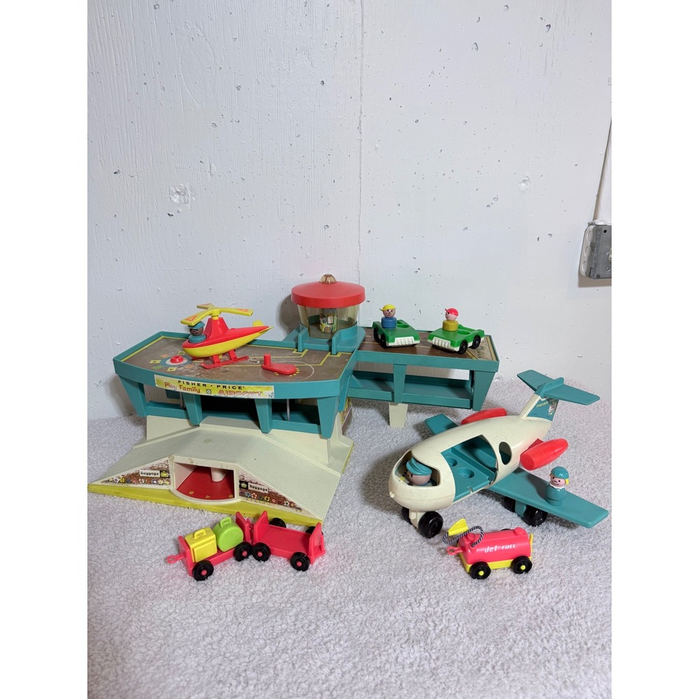 Vintage Fisher Price Play Family Airport Little People Airplane Helicopter 1972